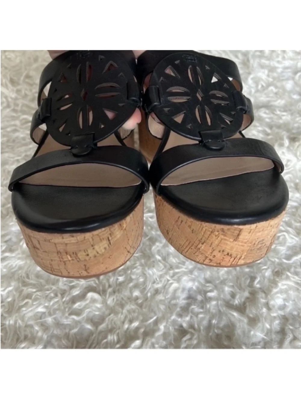 Antonio Melani Quinnlynn Leather Black Cork Platform Wedge Heel Sandals Sz 9